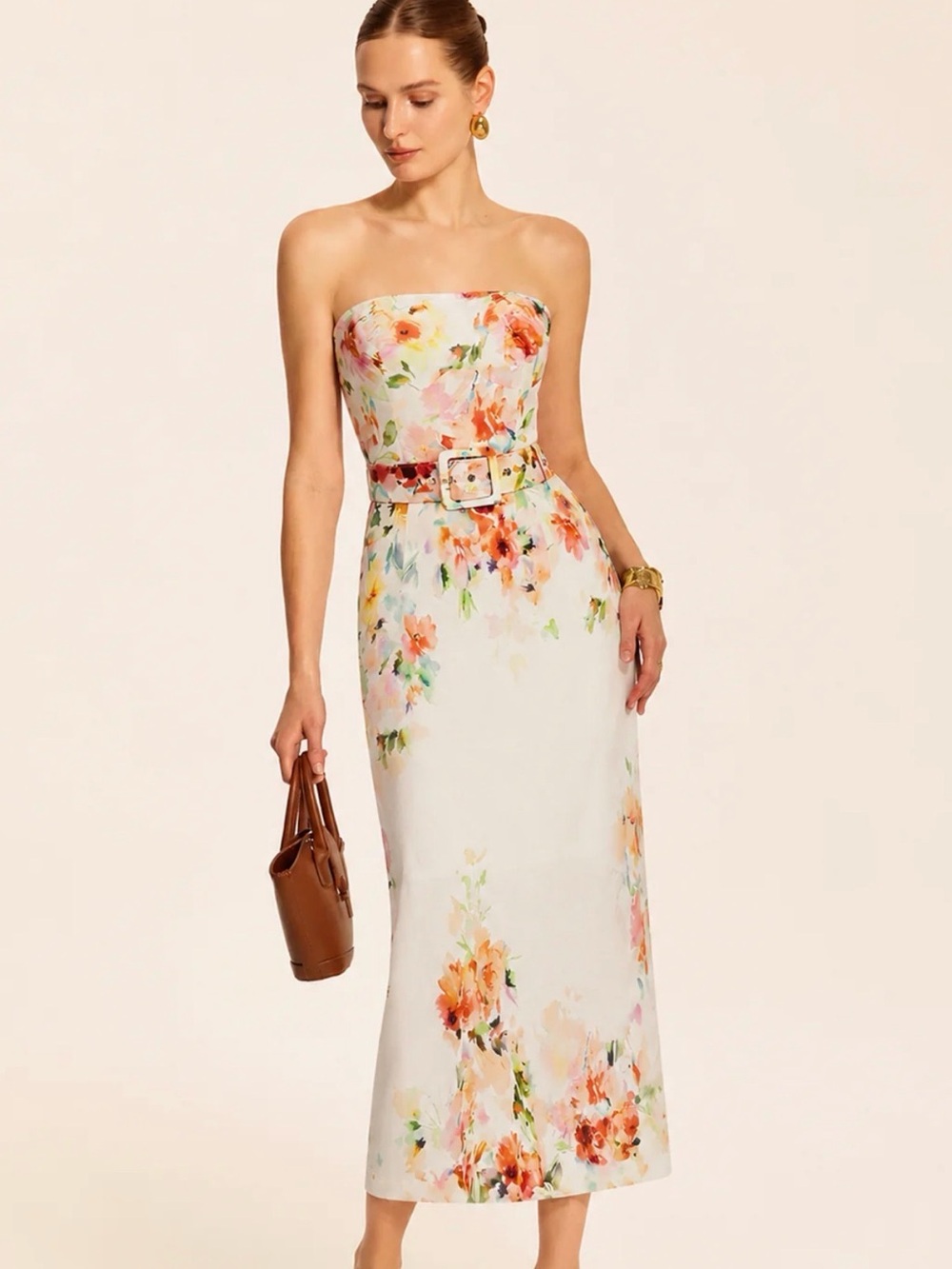 Commense Strapless Floral Belted Maxi Dress - White with Peach & Green